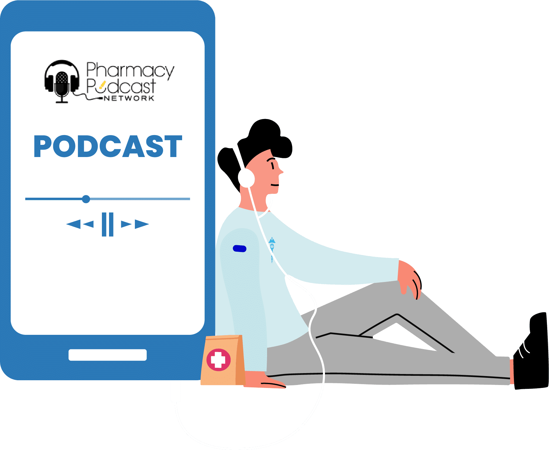Cartoon graphic of a person sitting against a giant phone, listening to the Pharmacy Podcast Network.