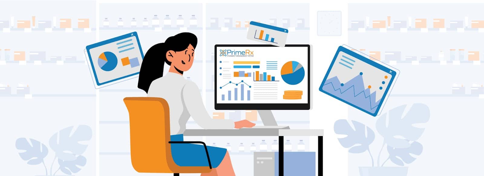 an graphic depicting a woman working with PrimeRX software – PrimeRx