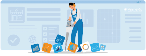 a graphic of a worker surrounded by data charts – PrimeRx