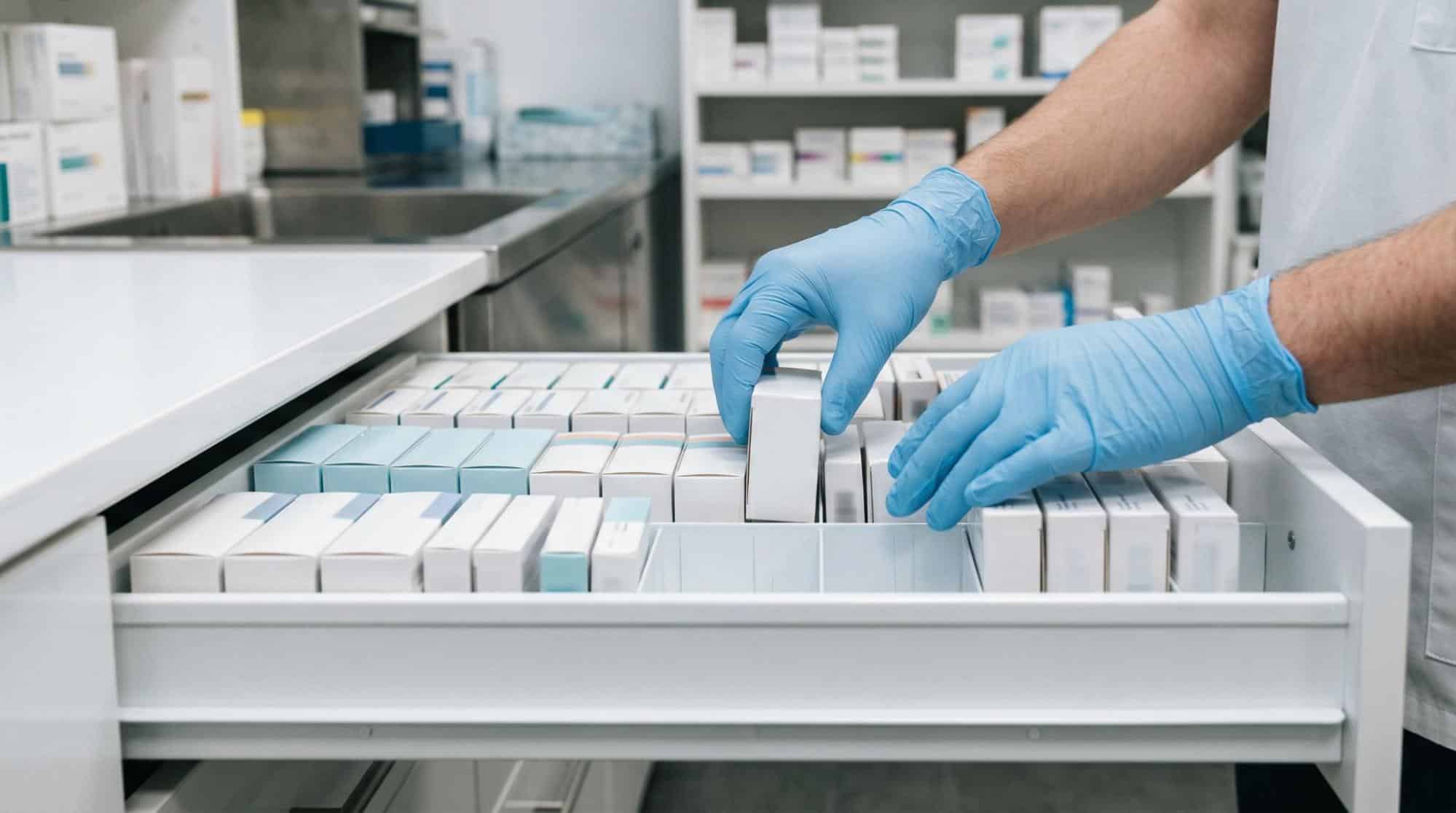 Close-up of gloved pharmacist’s hands arranging medication boxes in a white pharmacy drawer, no visible text or logos, contemporary medical environment, focus on order and cleanliness.