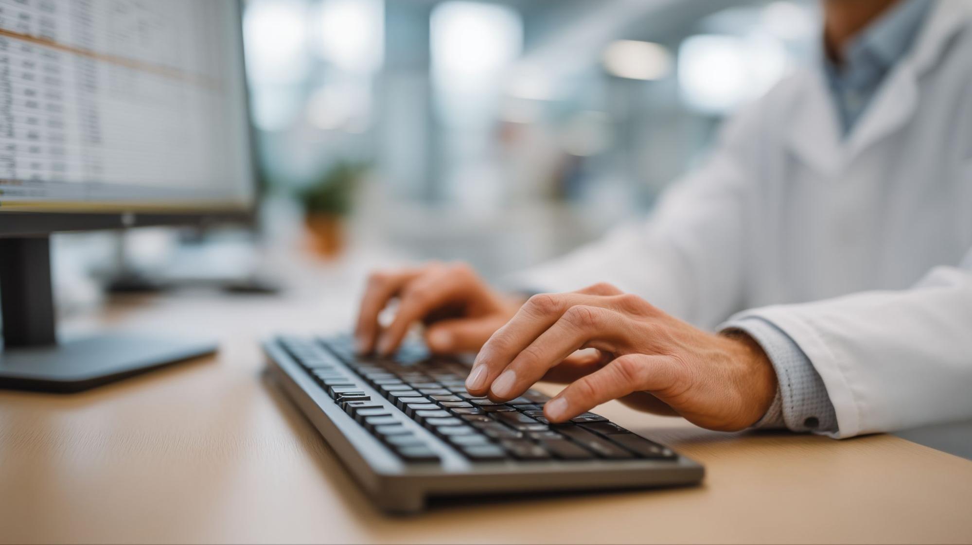 A person in a white coat types on a keyboard beside a computer monitor in a clinical office.