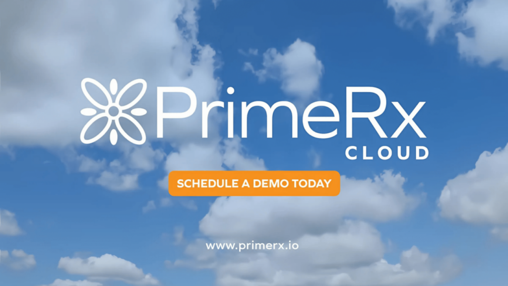 PrimeRx Cloud promotional graphic with a white logo over a blue sky, orange “Schedule a Demo Today” button, and the website primerx.io.