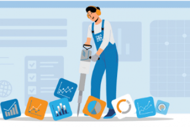 a graphic of a worker surrounded by data charts – PrimeRx