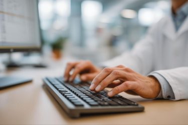 A person in a white coat types on a keyboard beside a computer monitor in a clinical office.